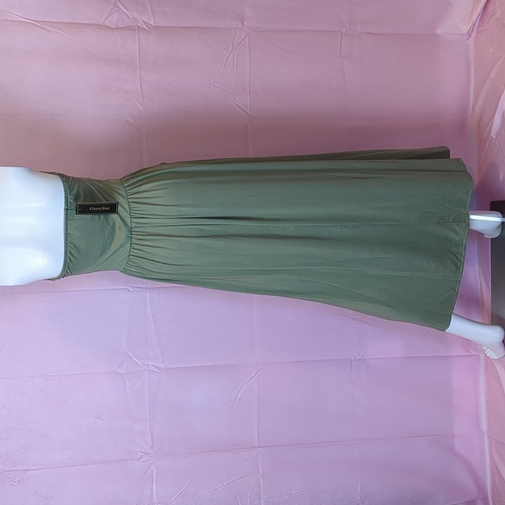 Army Green Strapless Tube Jersey Knit Ruched Bodice Stretchy Maxi Dress - Picture 4 of 8